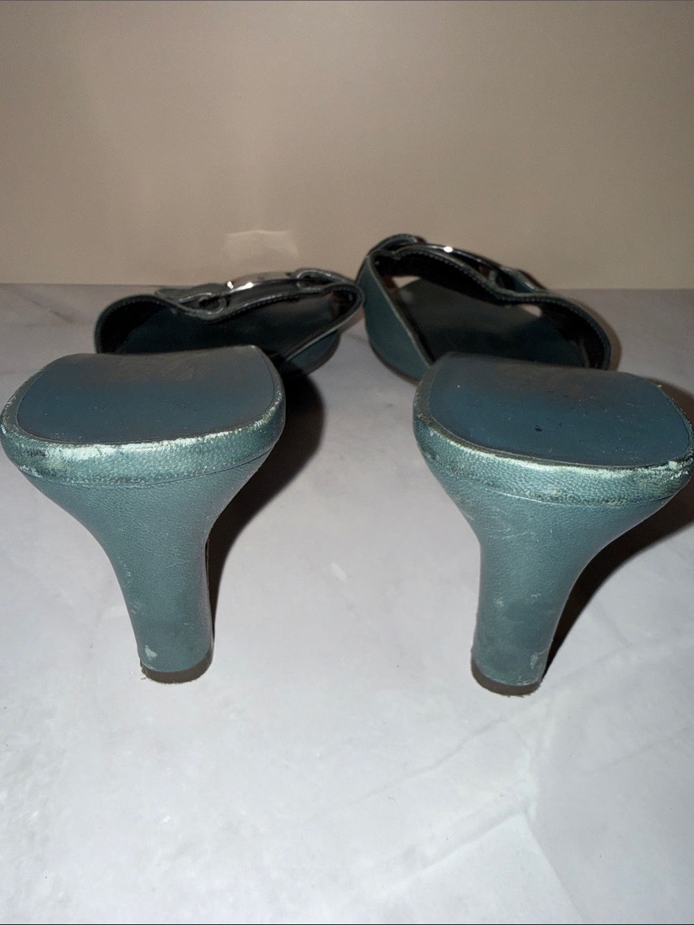 Salvatore Ferragamo Teal Leather Buckle Slide Mules - Picture 4 of 12